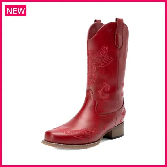 Women's Square Toe Cowboy Boots Mid Calf Chunky Heel Embroidered Western - Picture 2 of 8